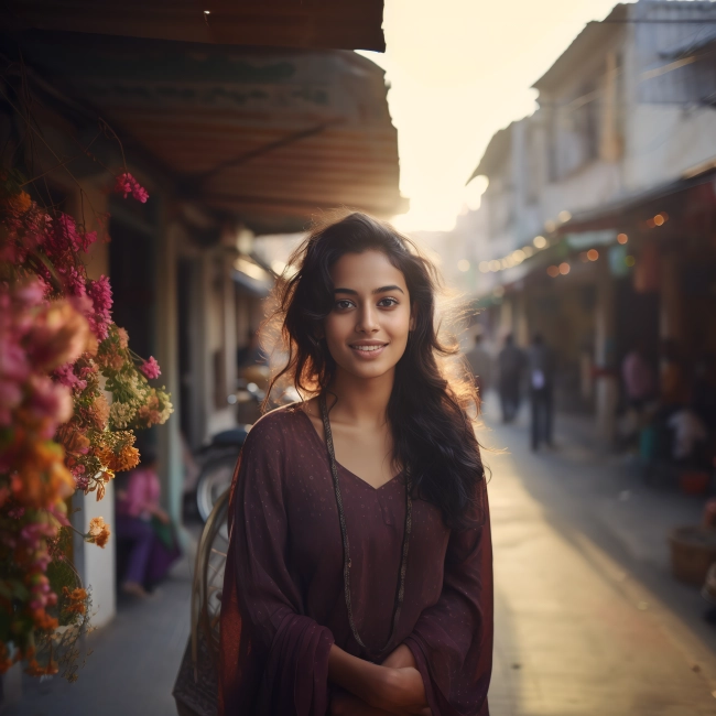 a young indian girl smiling in brown dress.