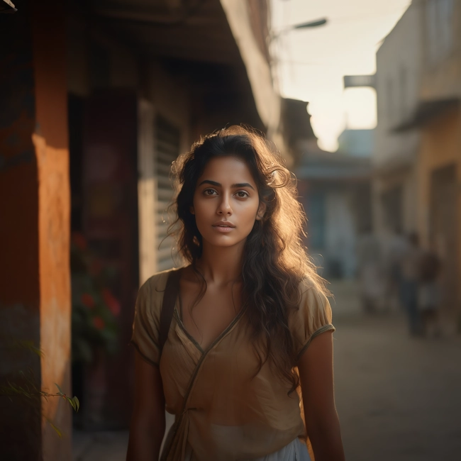 a beautiful indian girl in light brown dress having untied hairs.