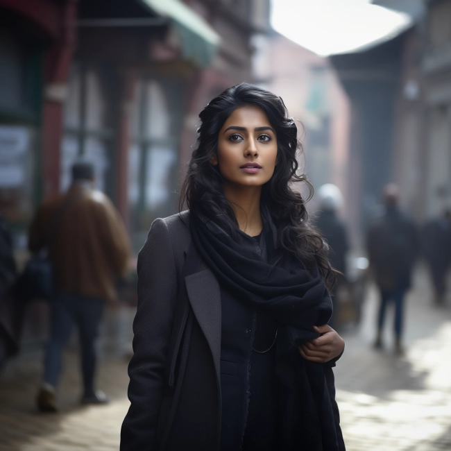 A beautiful Indian lady wearing long black scarf on a grey jacket.