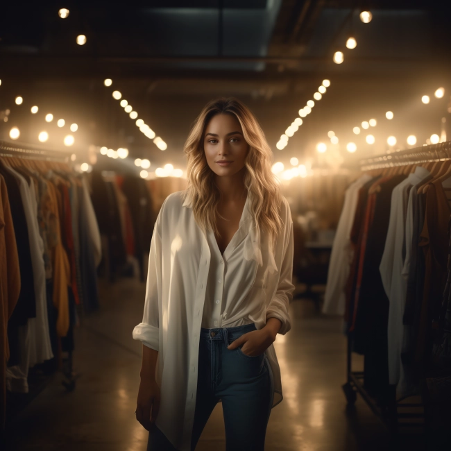 a charming lady having brown and white hairs wearing long white shirt over a blue jeans.