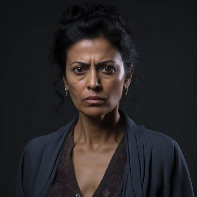 a middle aged indian woman wearing grey gown over a black suit, small earrings.