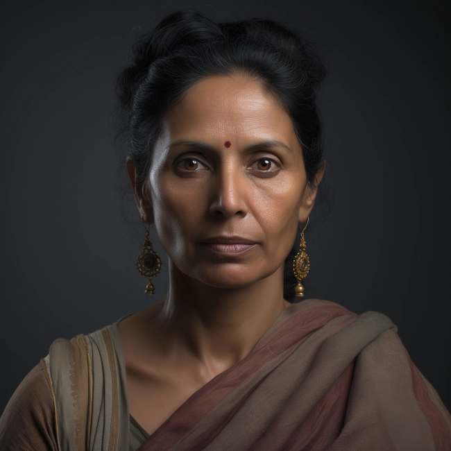 a middle aged indian woman wearing brown and grey sari, long earrings and a red forehead dot.