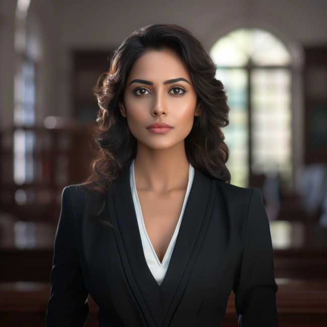 young indian female lawyer standing in an empty court room with her untied hairs.