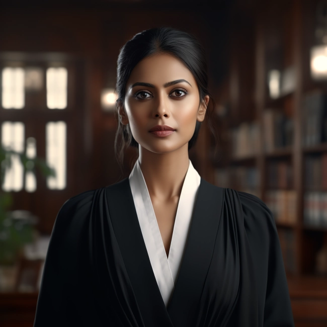 young indian female lawyer standing in an empty court room.