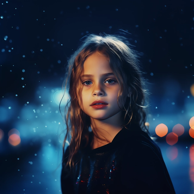 A very young cute girl wearing a black dress on a blurred citylight background.