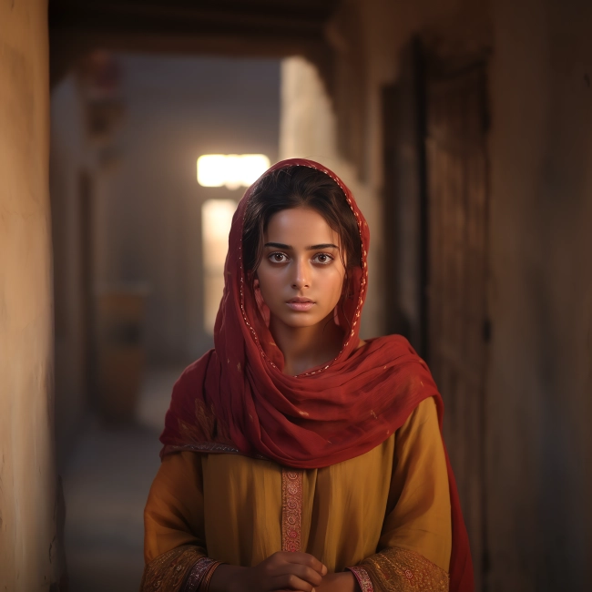 young indian girl in yellow suit and red long scarf.