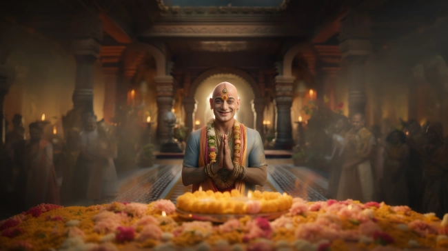 an indian bald headed devotee worshipping god in a mansion.