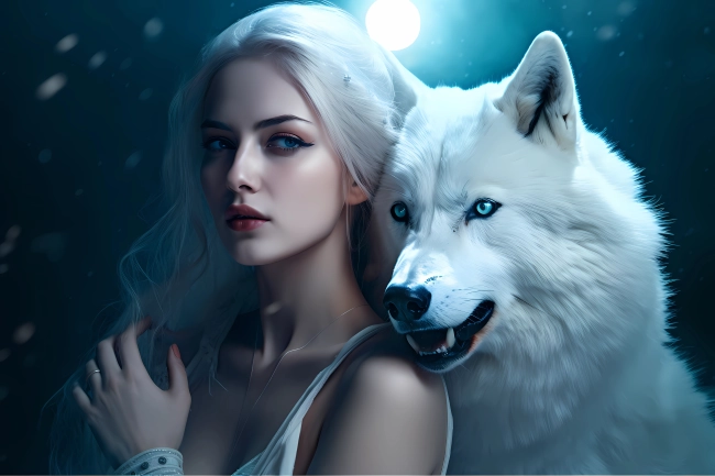 Beautiful ice queen with white wolf by her side