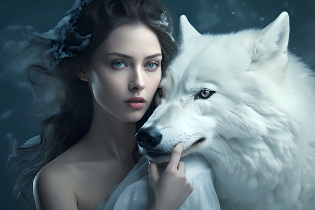 Beautiful ice queen with white wolf by her side