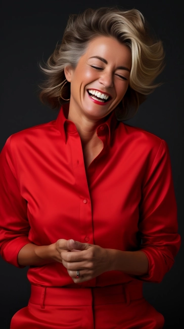Smiling middle aged business lady in red clothes close up