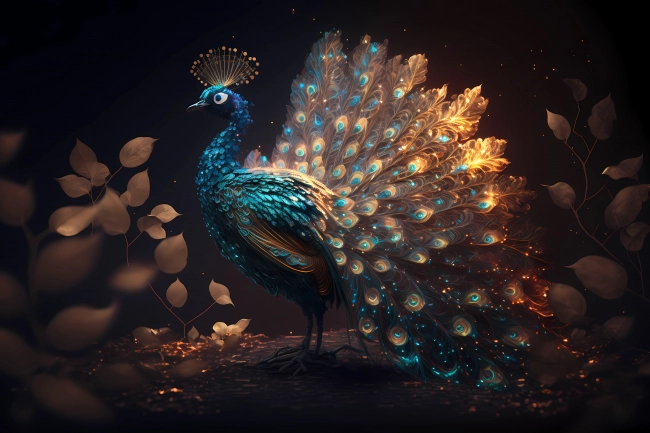 Peacock made of particles emitting light