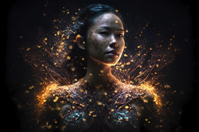 Portrait of a beautiful young woman with aura made of particles of light