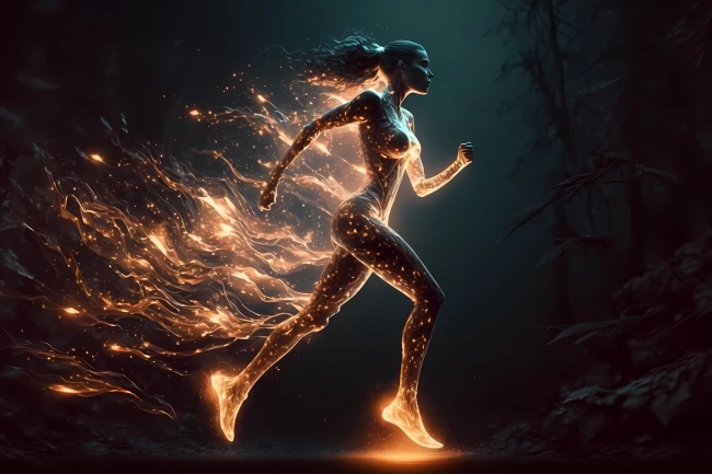 A silhouette of a running girl emitting particles of light