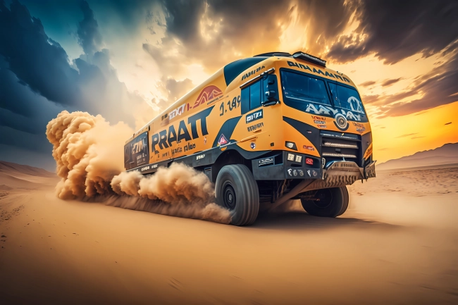 Racing truck driving fast in the desert