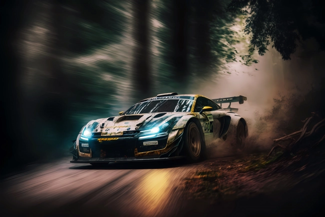 Racing car driving fast in a forest rally