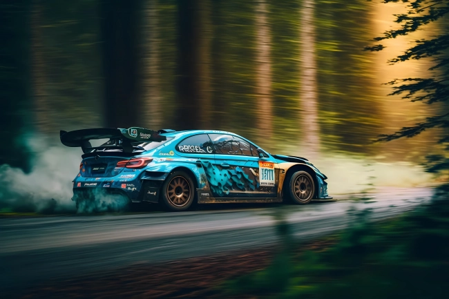 Racing car driving fast in a forest rally