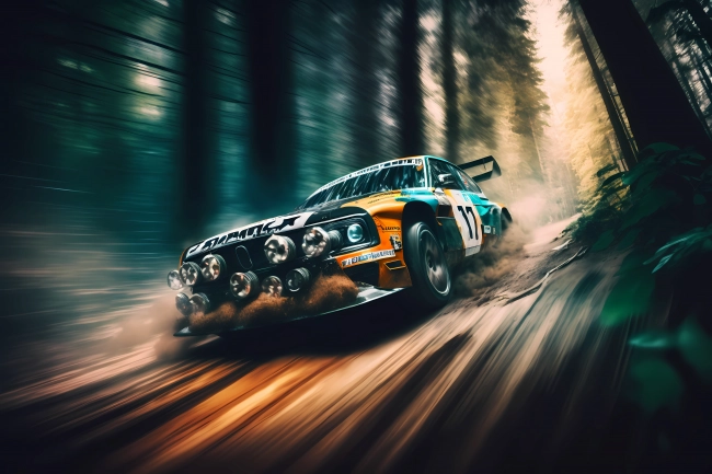 Racing car driving fast in a forest rally