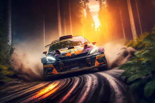 Racing car driving fast in a forest rally