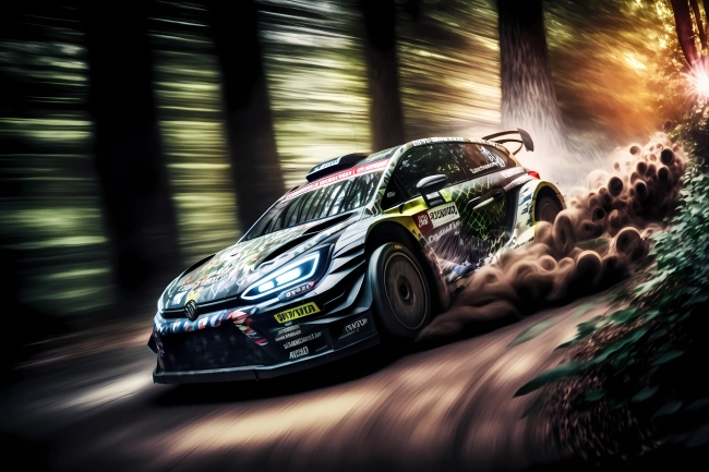 Racing car driving fast in a forest rally