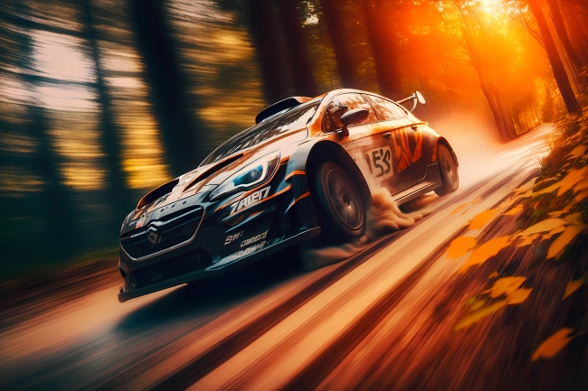 Racing car driving fast in a forest rally