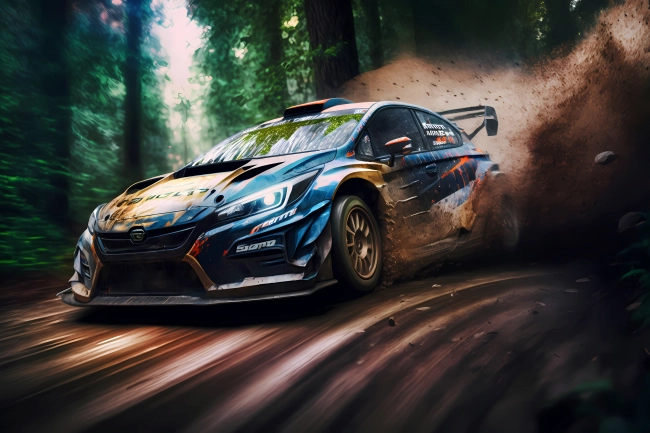 Racing car driving fast in a forest rally