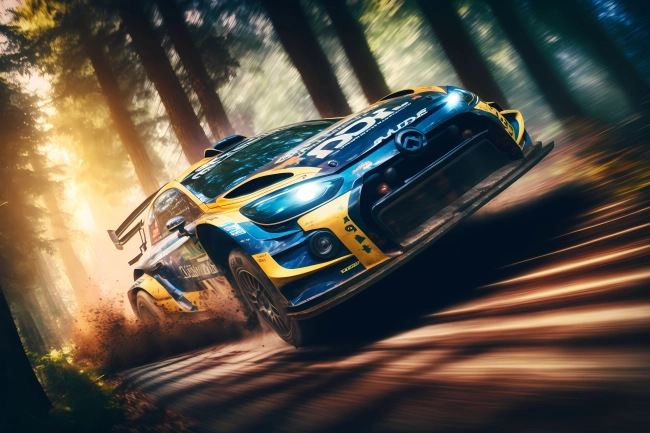 Racing car driving fast in a forest rally