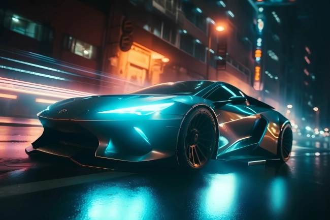 Futuristic supersport driving fast in neon city