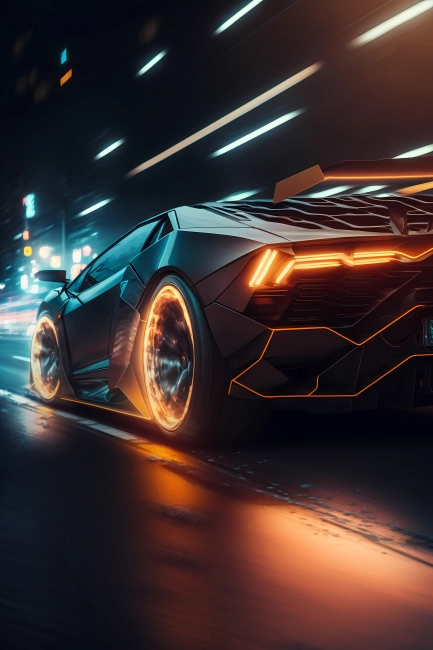 Futuristic supersport driving fast in neon city