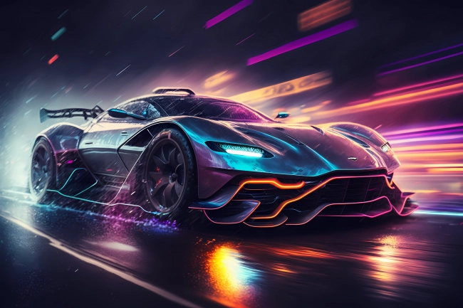 Futuristic supersport driving fast in neon city