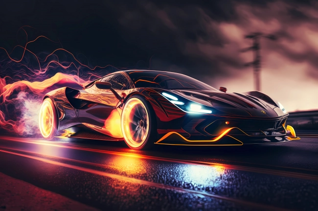 Futuristic supersport driving fast in neon city