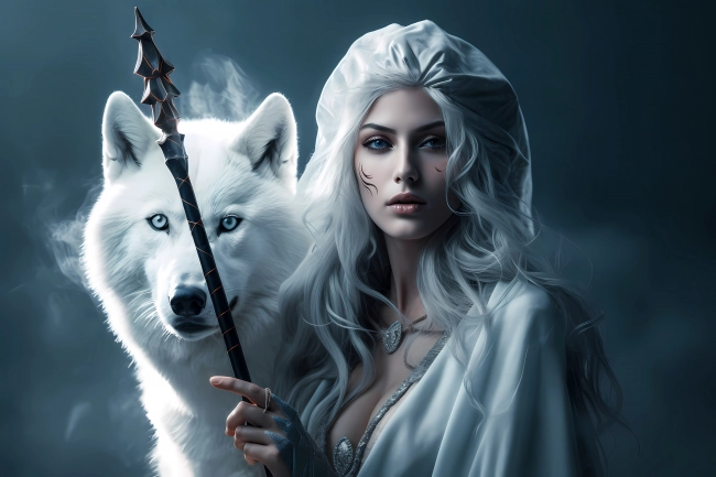 Beautiful ice queen with white wolf by her side