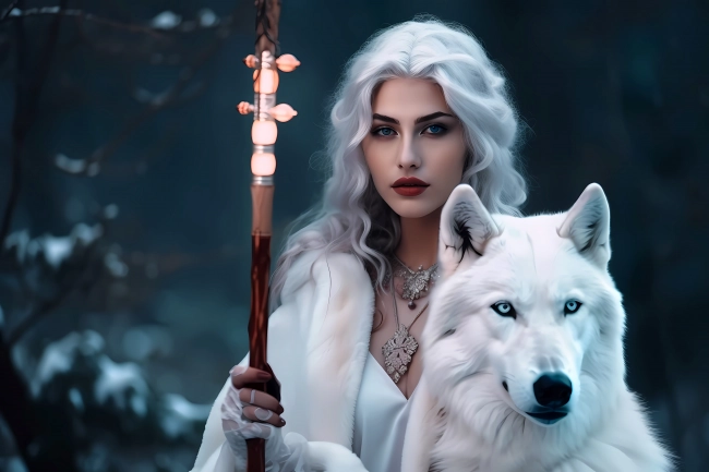 Beautiful ice queen with white wolf by her side