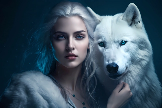 Beautiful ice queen with white wolf by her side