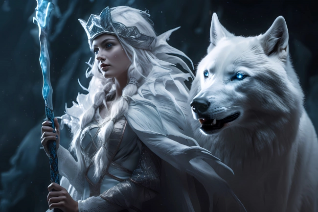 Beautiful ice queen with white wolf by her side