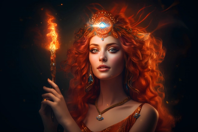 Portrait of a beautiful queen of fire