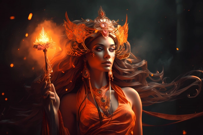 Portrait of a beautiful queen of fire