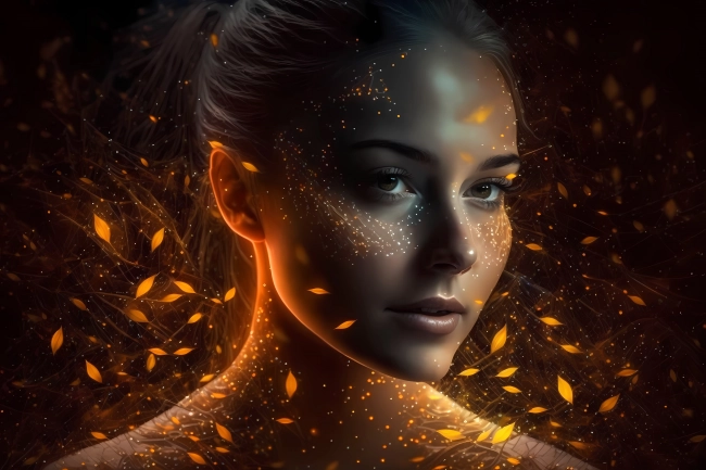 Portrait of a beautiful young woman with aura made of particles of light