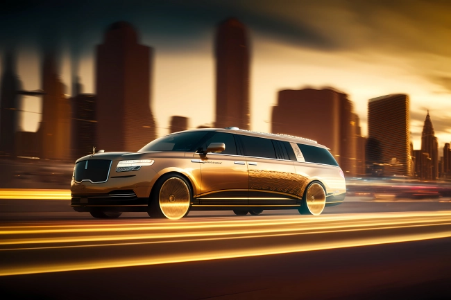 Luxurious golden limousine driving fast via Dubai