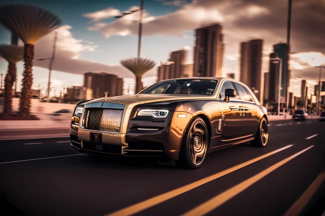 Luxurious golden limousine driving fast via Dubai