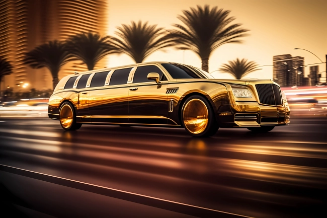 Luxurious golden limousine driving fast via Dubai