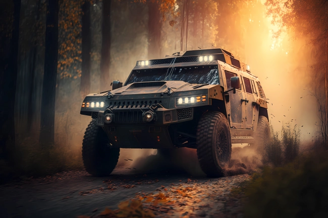 Military humvee driving through night forest