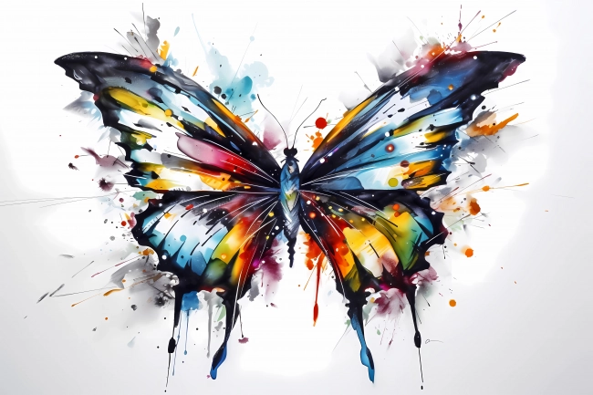 Butterfly painted in neon watercolors on white background