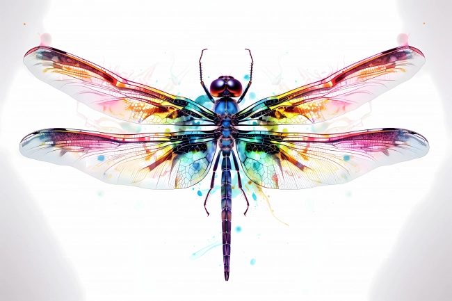 Dragonfly painted in neon watercolors on white background