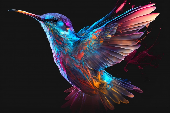 Flying hummingbird painted in neon watercolors