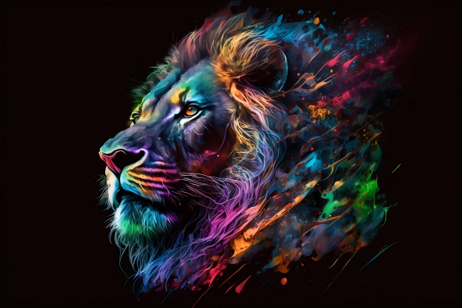 Lion portrait painted in neon watercolors