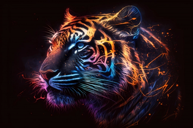 Tiger portrait painted in neon watercolors