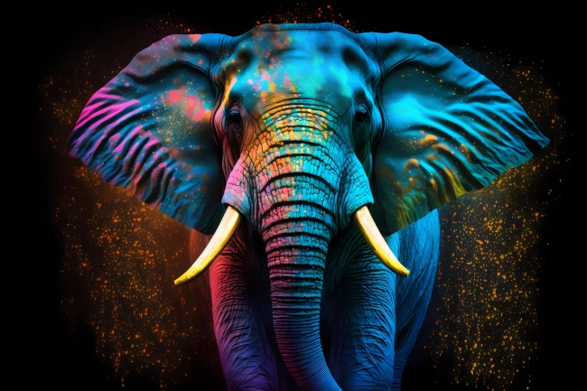 Elephant portrait painted in neon watercolors