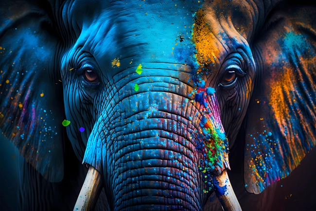 Elephant portrait painted in neon watercolors