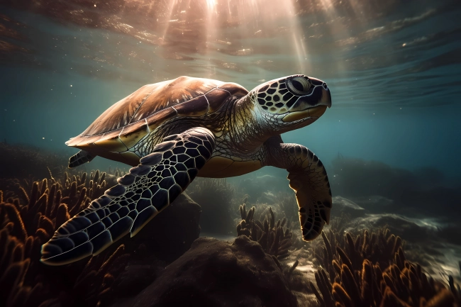 Sea turtle swimming at the bottom of the shallow sea