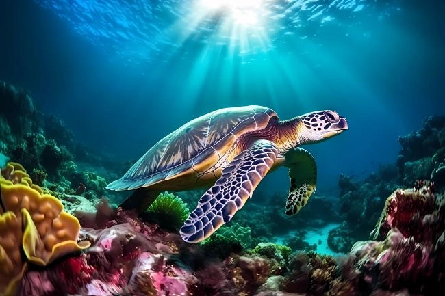 Sea turtle swimming at the bottom of the shallow sea